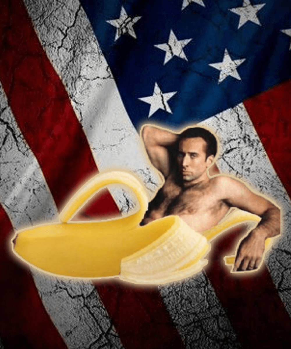 Nicolas Cage Naked in a Banana on USA Flag - Crypto Art Meme - Nicholas Cage  | OpenSea