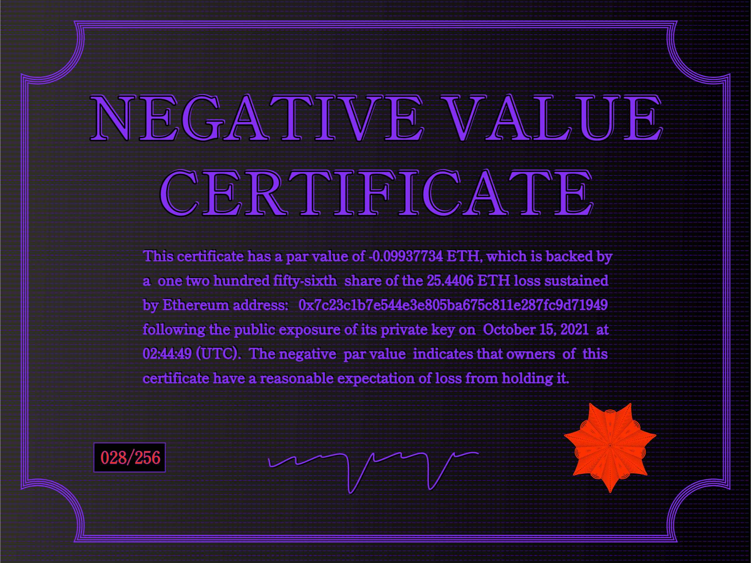 Negative Value Certificate #28 of 256