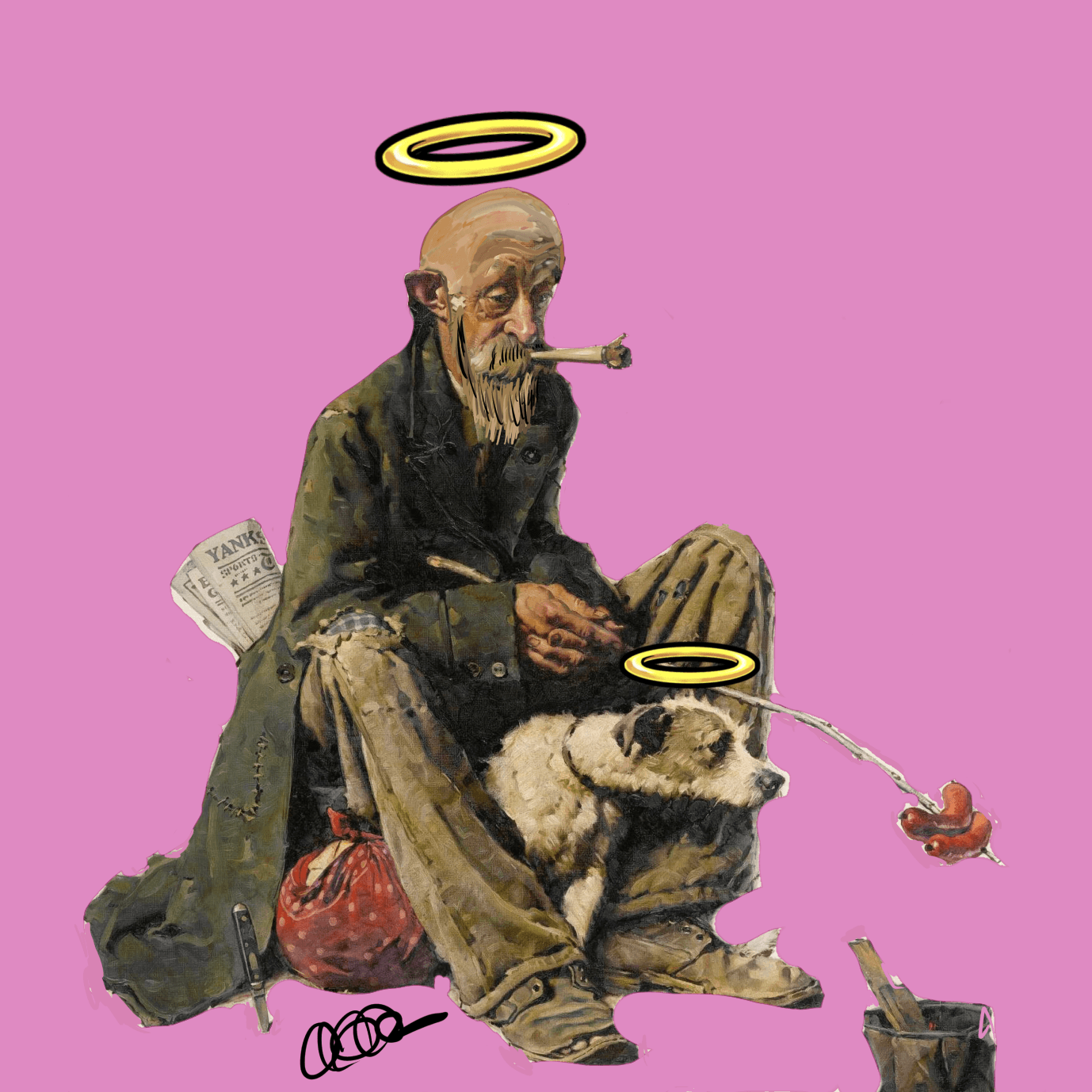 Bald Hobo Jesus and His Dog by Vagobond - Homage to Norman Rockwell