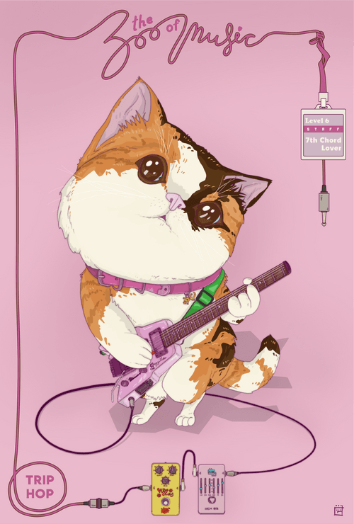 Calico Cat with Headless Guitar 