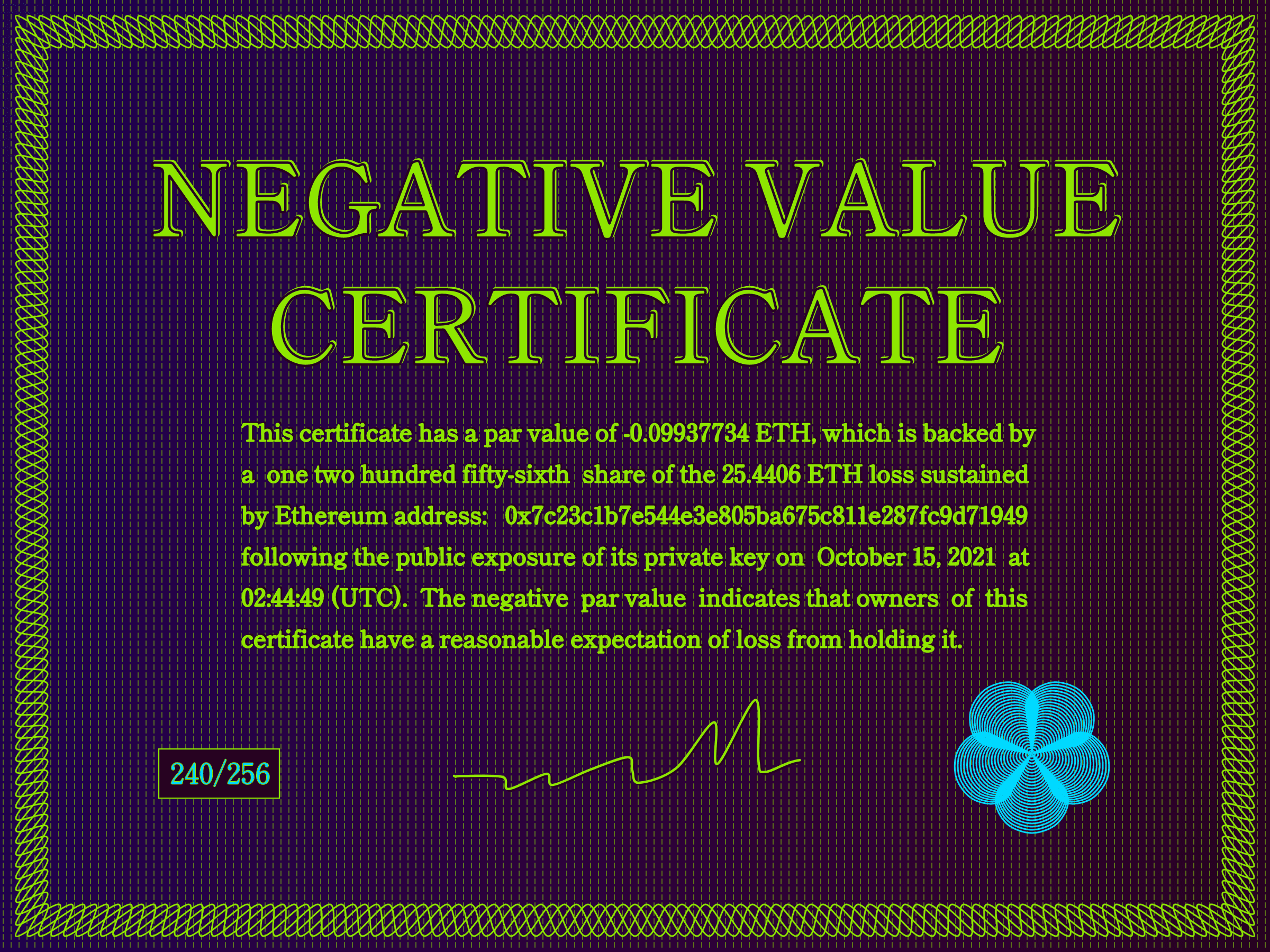 Negative Value Certificate #240 of 256