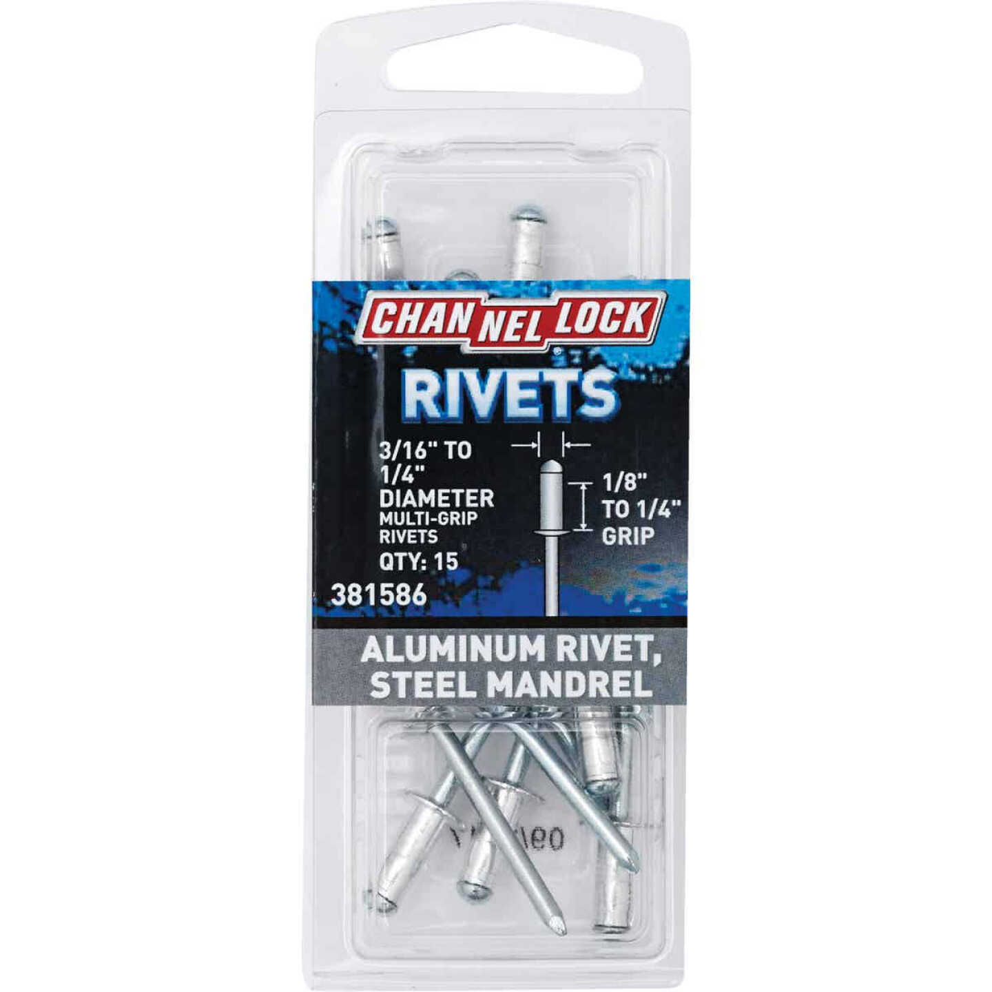 Channellock 3/16 In. to 1/4 In. Dia. x 0.063 In. to 0.250 In. Grip Aluminum POP Rivet (15-Pack). 381586