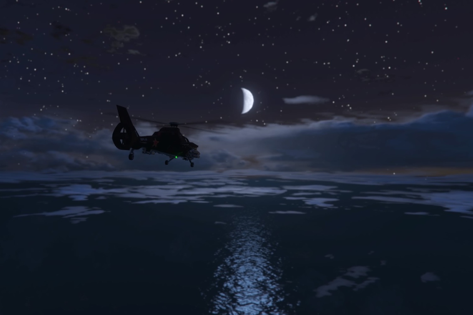 Dark red ghost helicopter beside half moonlight turned wheels