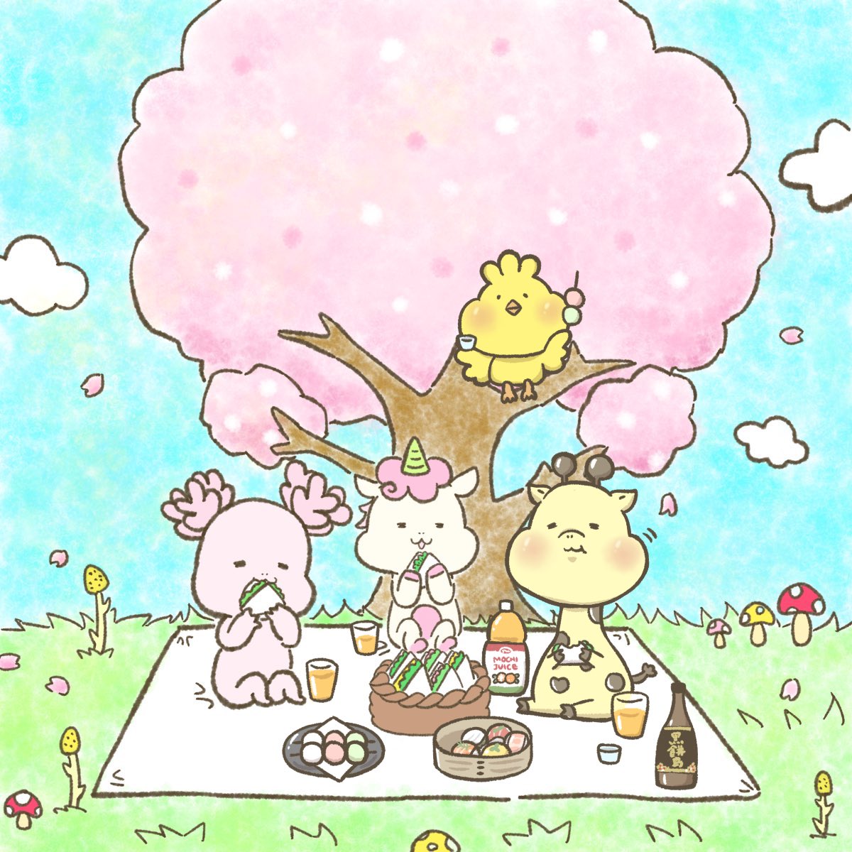 Cherry blossom viewing party with Mochi×Pome Animals