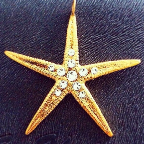 Gold starfish inlaid with eleven diamonds on a leather background