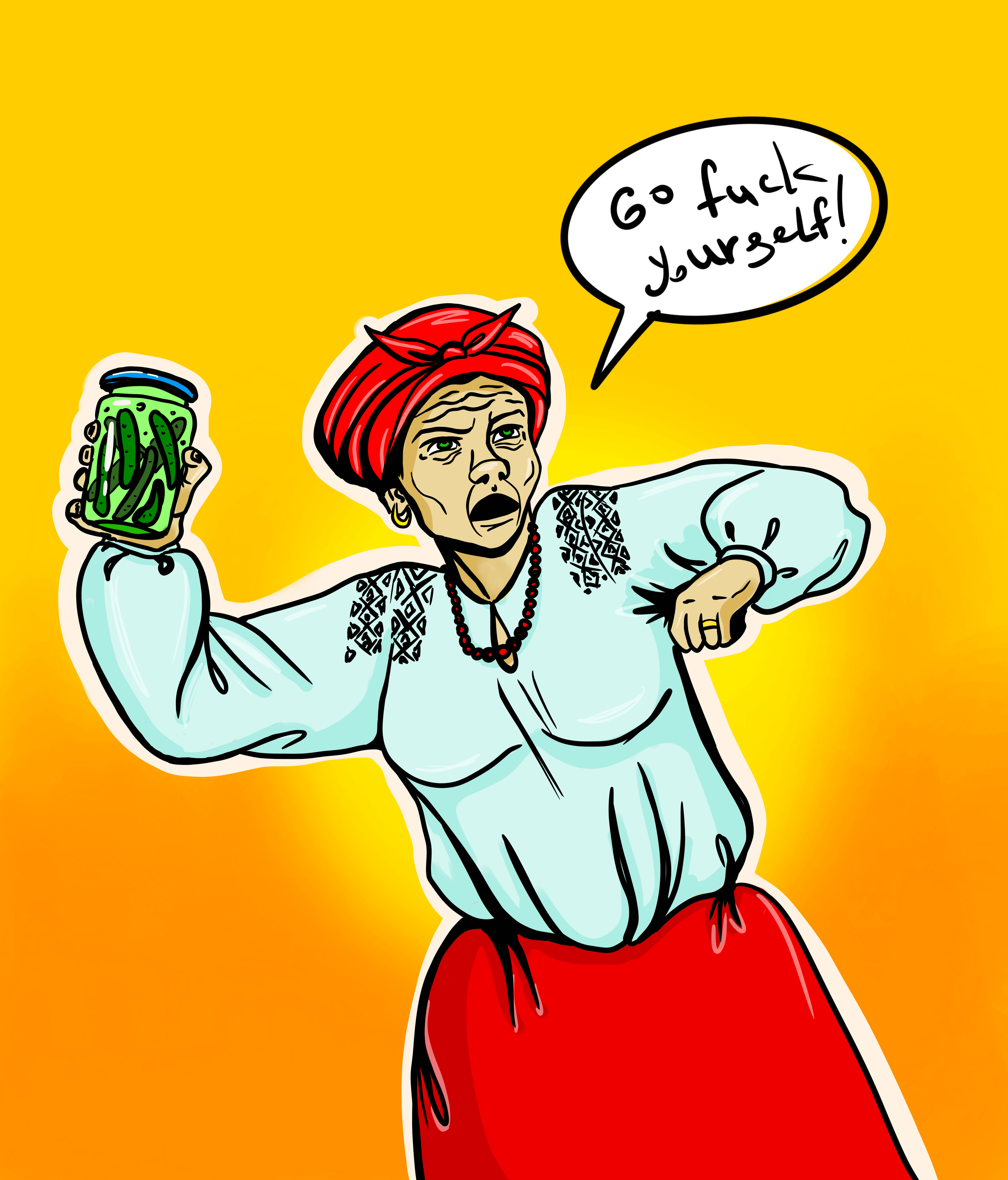 Baba Nadia with a jar of cucumbers