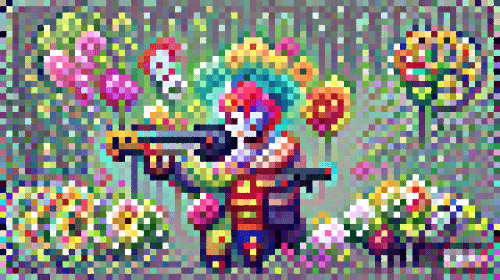 Clowns Shooting Flower Guns at Flowers