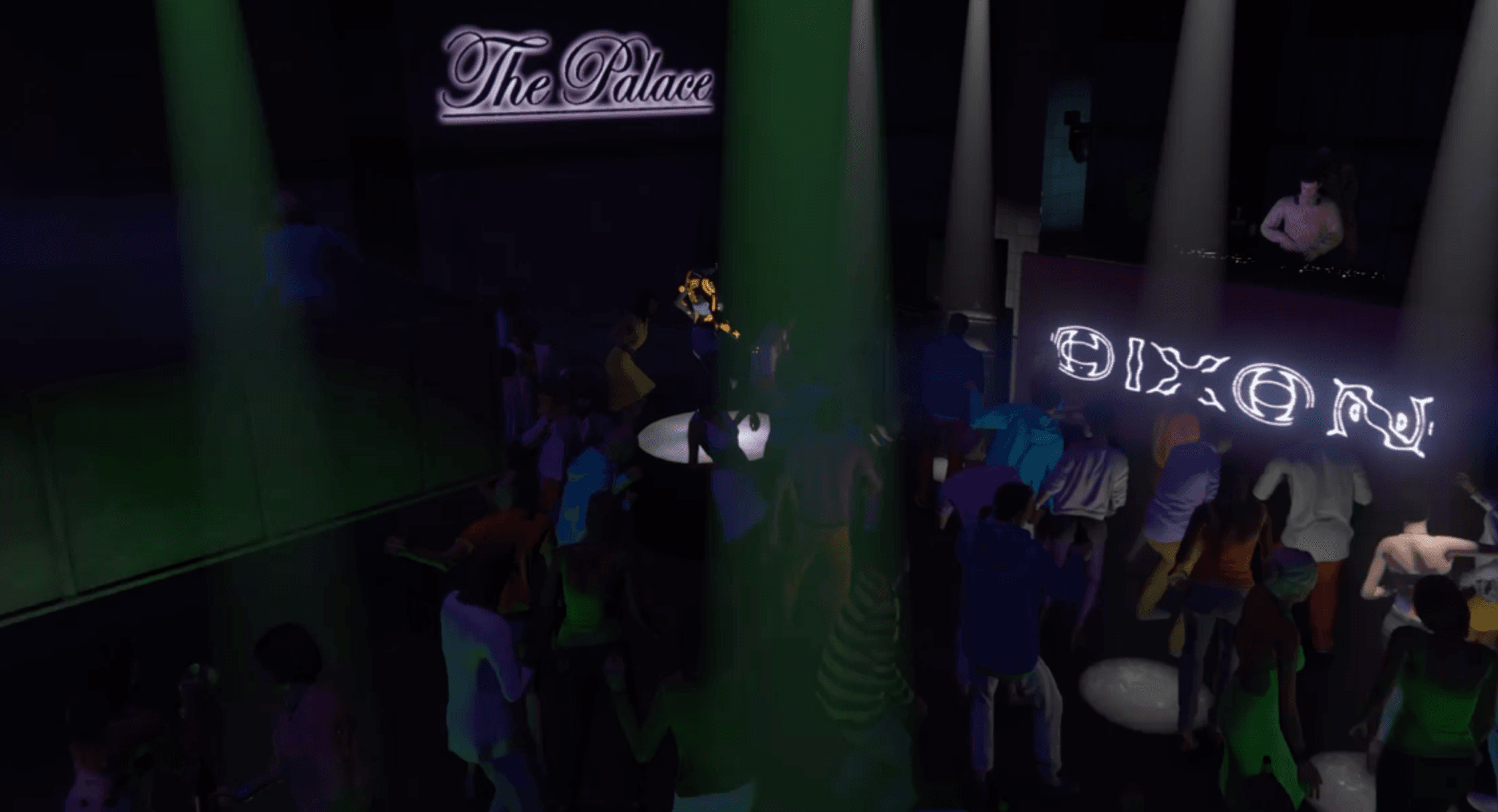 customers having fun dancing in the palace nightclub under a rain of green lights