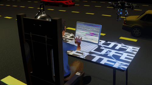 Desktop #135: The Developer in the Electric Chair With a Drone and a Please Stand By Monitor on a Barbed Wire Table in The Streets