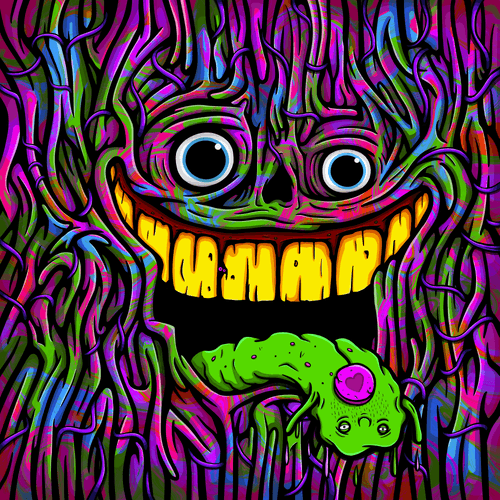 Randy H. #4739. The first thing you see is a face. Two eyes, a nose, a mouth stretched in an impossibly wide smile, showing off rows of cracked, crumbling teeth. Next you notice the skin: an acid-colored swirling pattern that looks like it would have the consistency of liquid latex, if you could only reach through the screen and touch it. In some of these pieces, whimsically demonic creatures perch in the face's mouth and eye sockets.

The faces are gruesome, playful, and trippy. They're vaguely reminiscent of Lewis Carroll's Cheshire Cat-which is appropriate considering that this is a generative collection influenced by psychedelics called Psychonautz NFT.

Psychonautz NFT consists of 9,999 unique works hand drawn by the artist Sander Jansen and is personally curated by Gabriel Santos. The collection features four different characters that were named by the GBLSTS team and Psychonautz community.

https://www.psychonautznft.com
