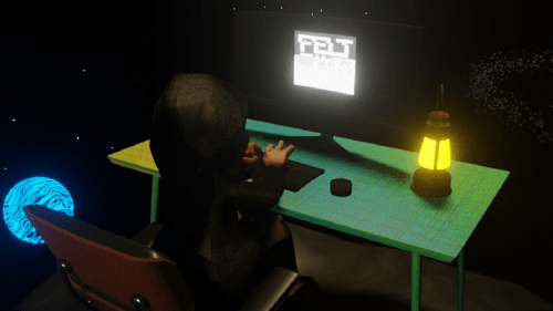 Desktop #179: The Hacker in the Eames Chair With a Gas Lamp and a Old School Monitor on a Green FELT Zine Table in Space