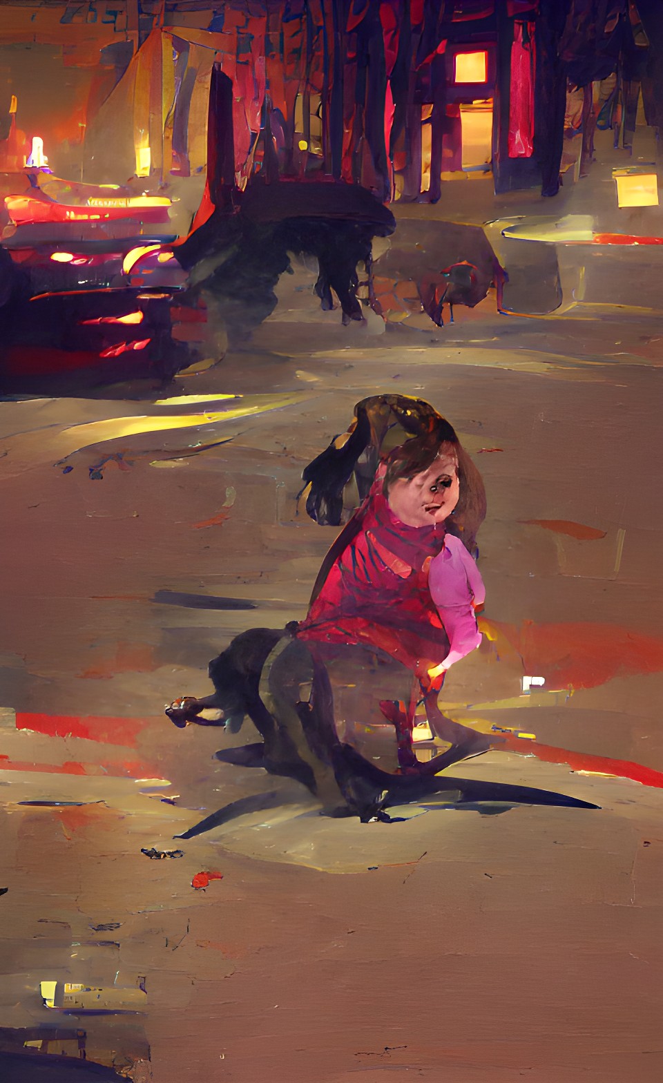 Little fat girl playing with a dog in the street