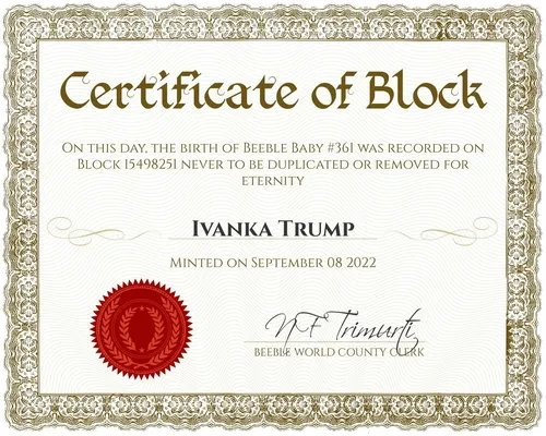 Certificate for Ivanka Trump #361