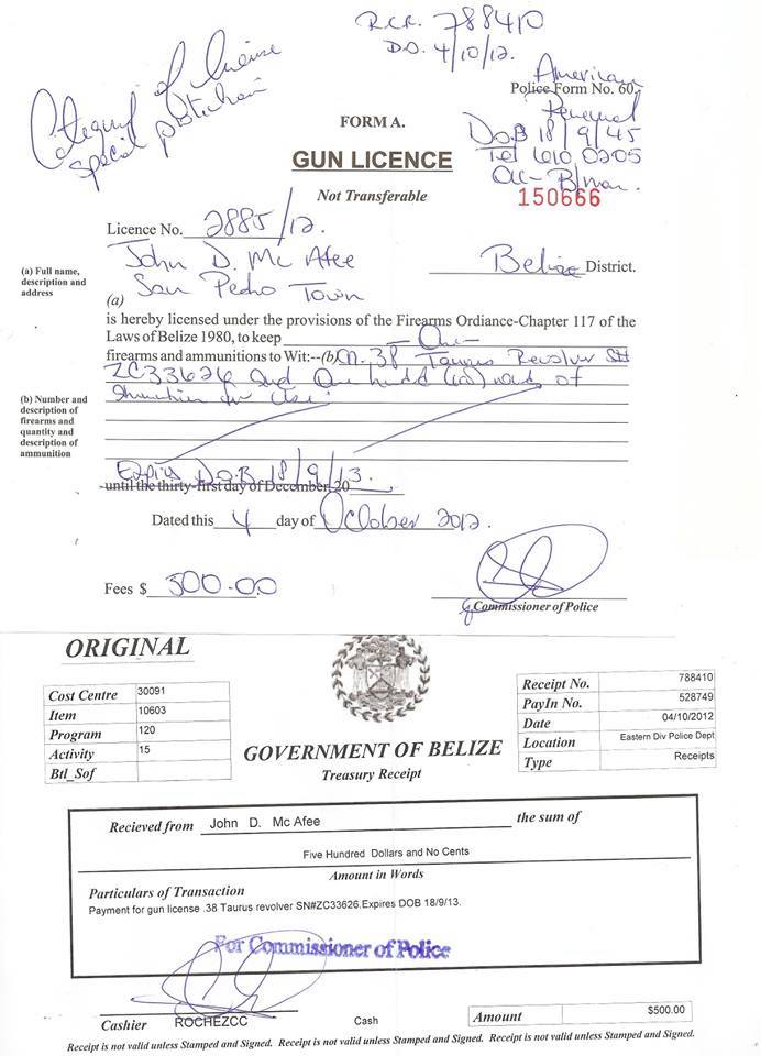 John McAfee’s Belizean Gun License