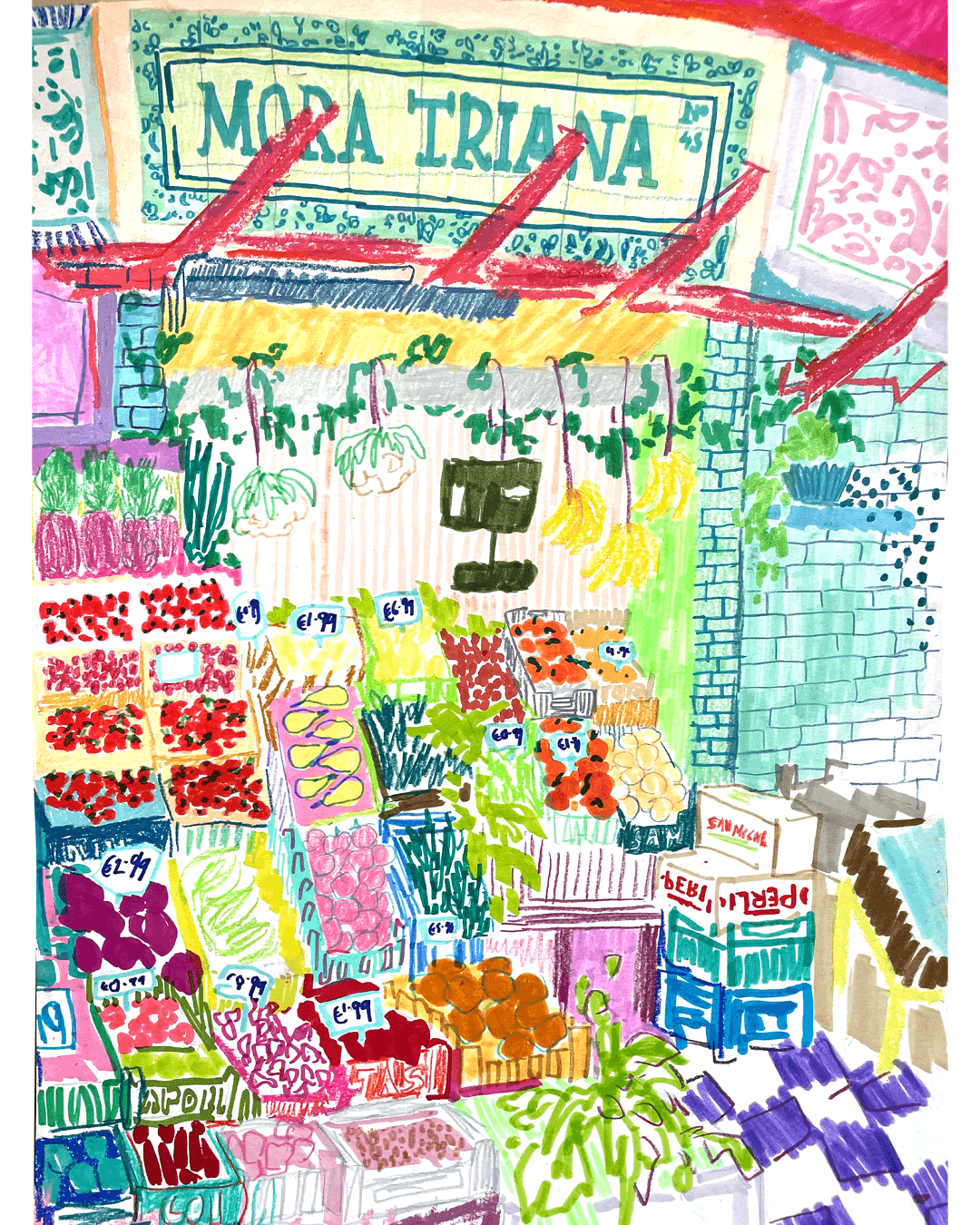 Fruit market pen illustration of Seville, Spain