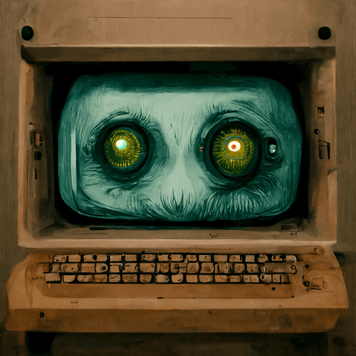 an old computer with eyes popping out of the screen 4/10