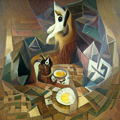llama having breakfast with an owl