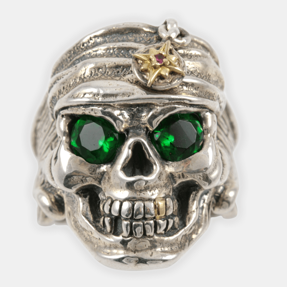 Pirate Skull Ring with Green Zircon Eyes & 18K Gold Star under the Red Ruby #1