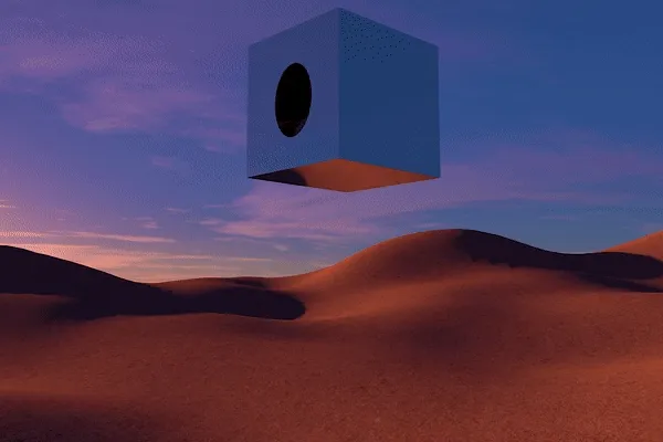 Dancing cube floating over the desert 