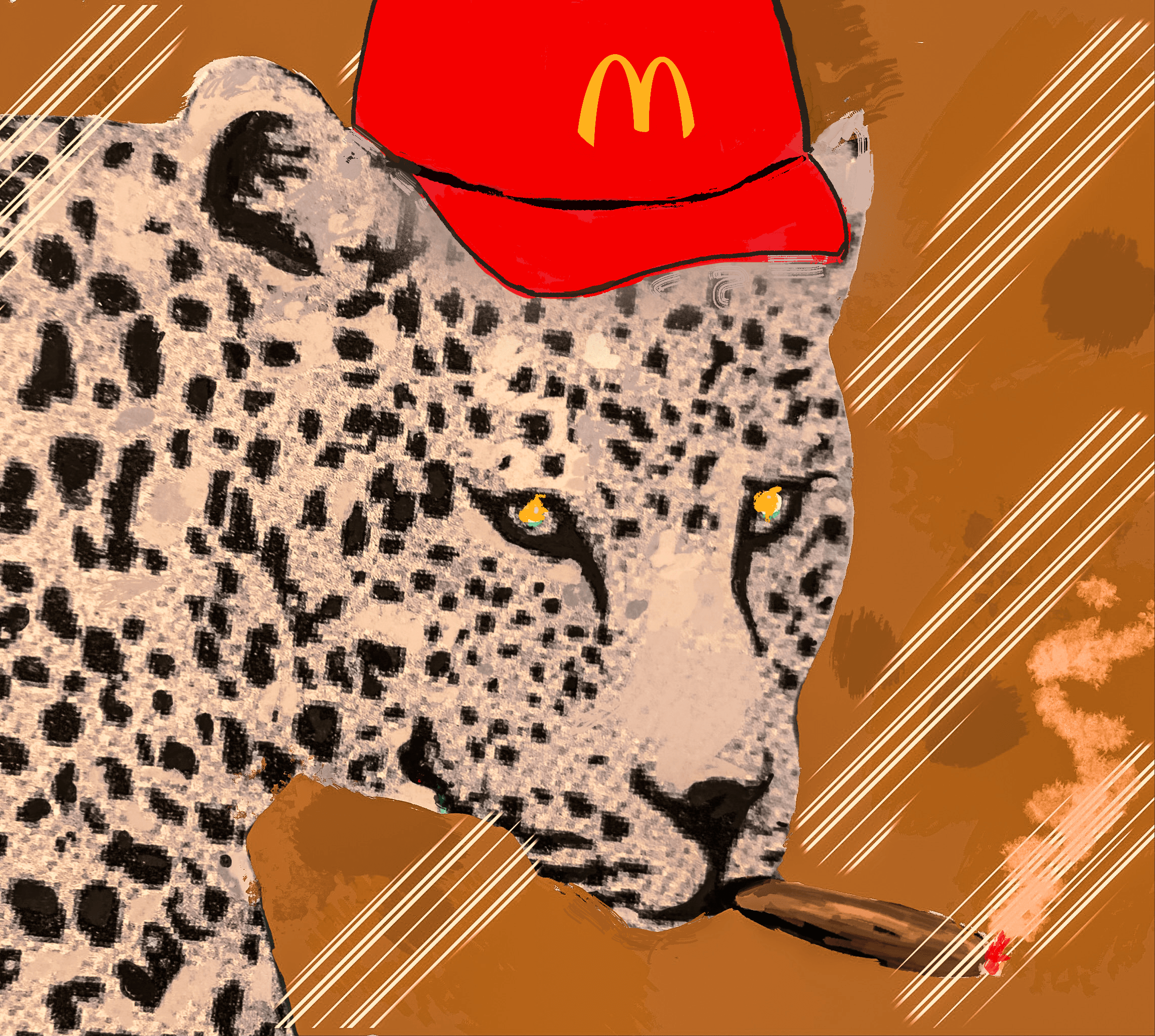 Leopard wearing McDonald's hat