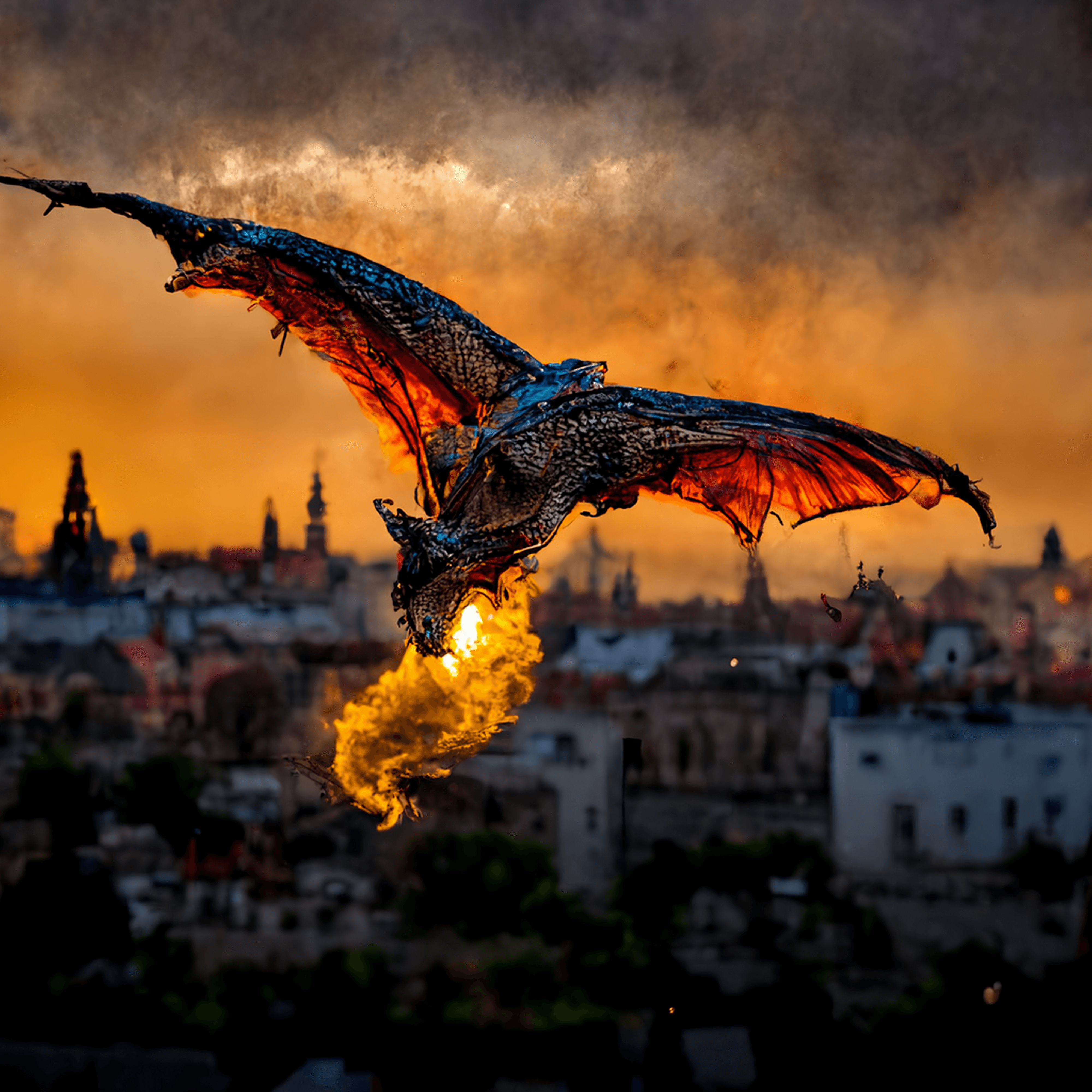 Fire Breathing Dragon over Medieval City AI Art 1/1 created by Sollog