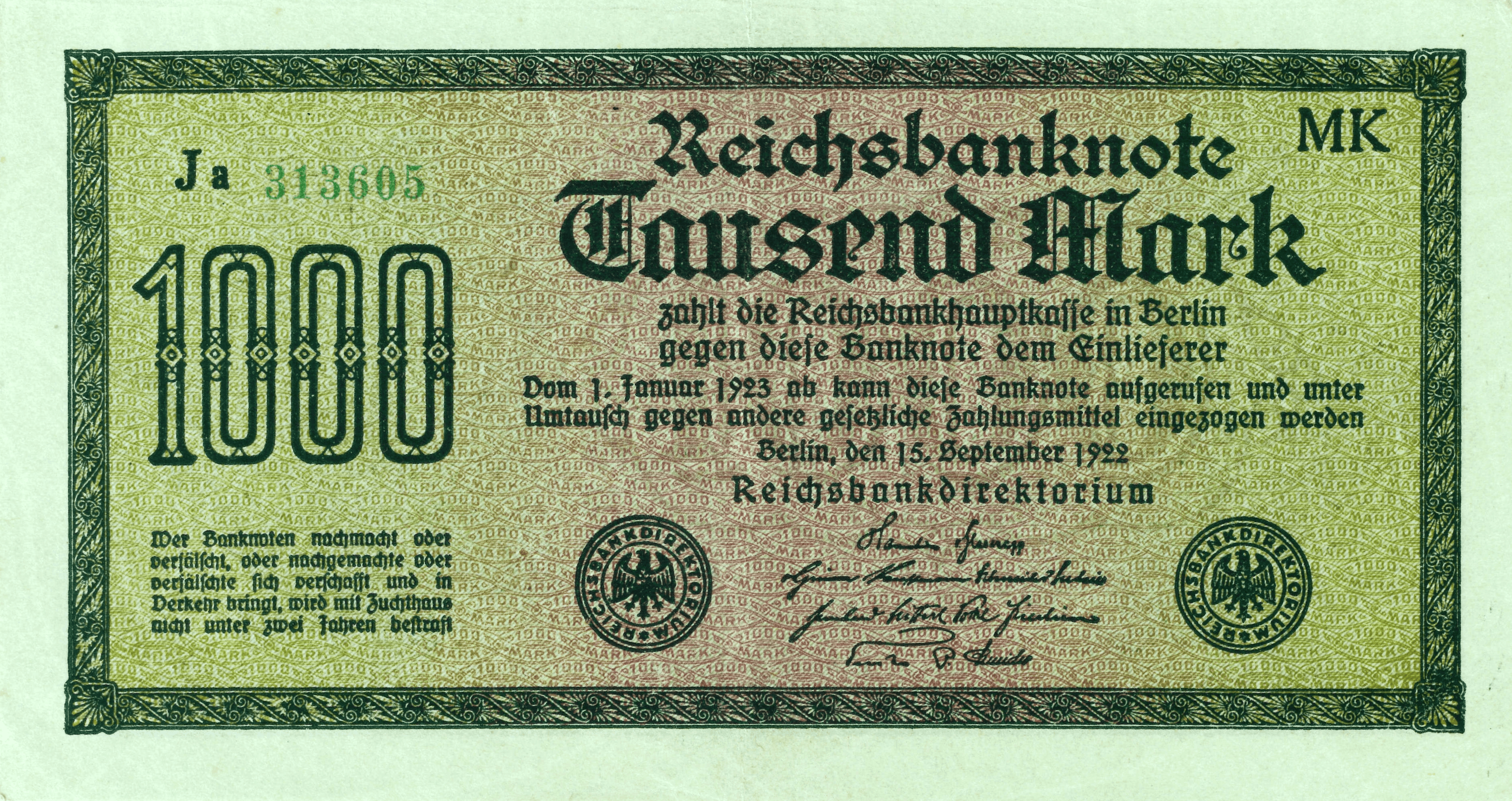 The Reichsbank 1.000 Mark Note III