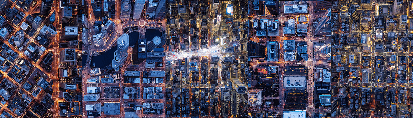 City at dusk. Aerial photograph