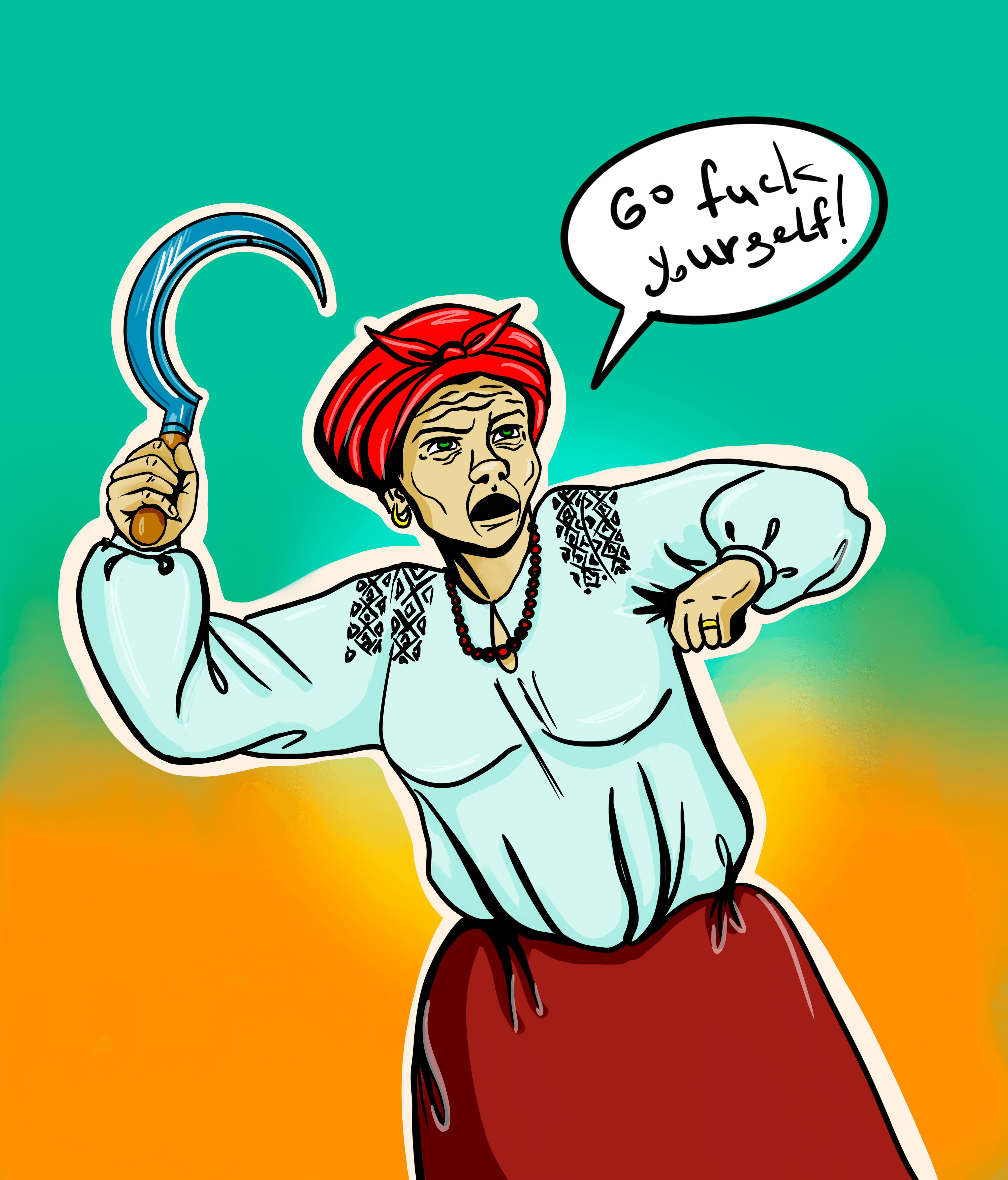 Baba Nadia with a sickle