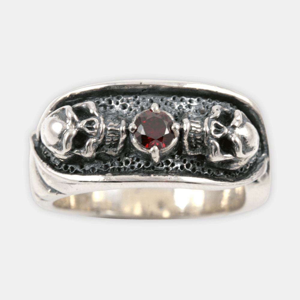 Gothic Style Sterling Silver Ring with Two-Skulls & Red Corundum #1
