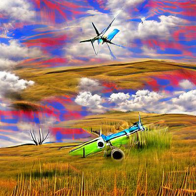 Airplane flying over the grassland 004