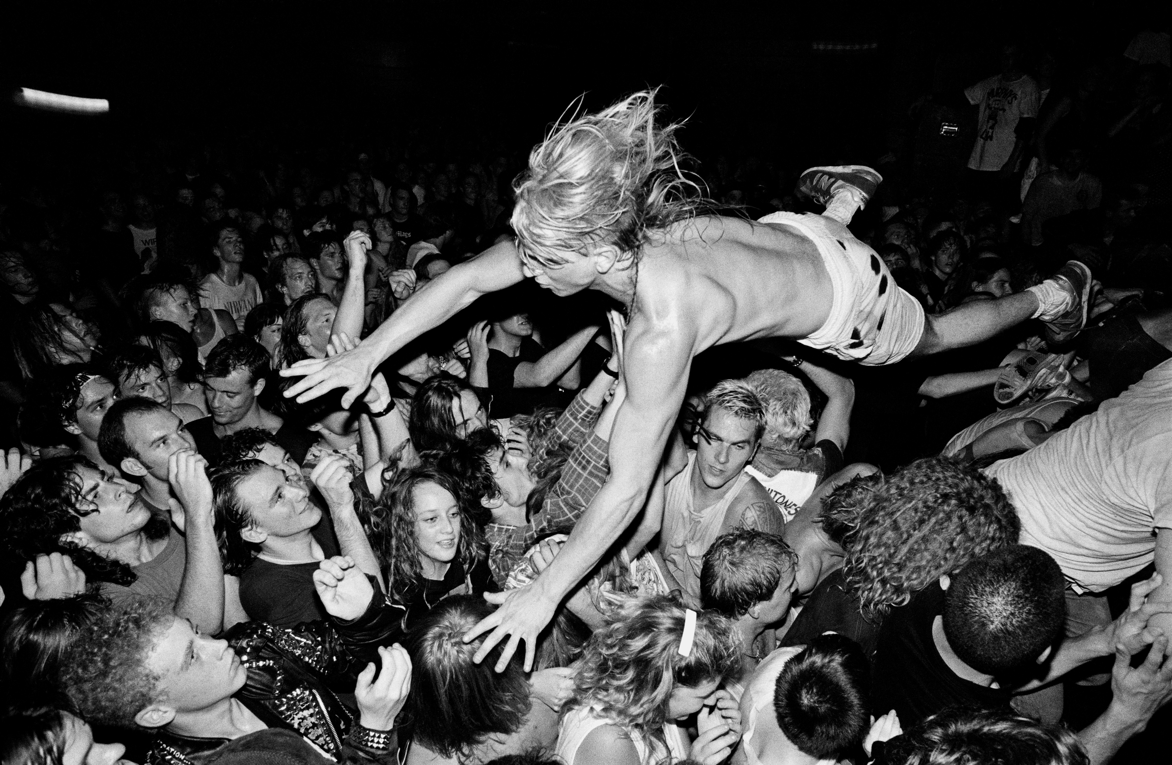 Stage diver, Nirvana, Motorsports Garage, Seattle, 1990