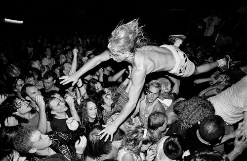 Stage diver, Nirvana, Motorsports Garage, Seattle, 1990