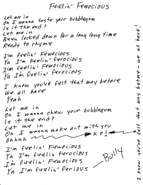 Bully Meow Feelin' Fewocious Handwritten Lyric Sheet