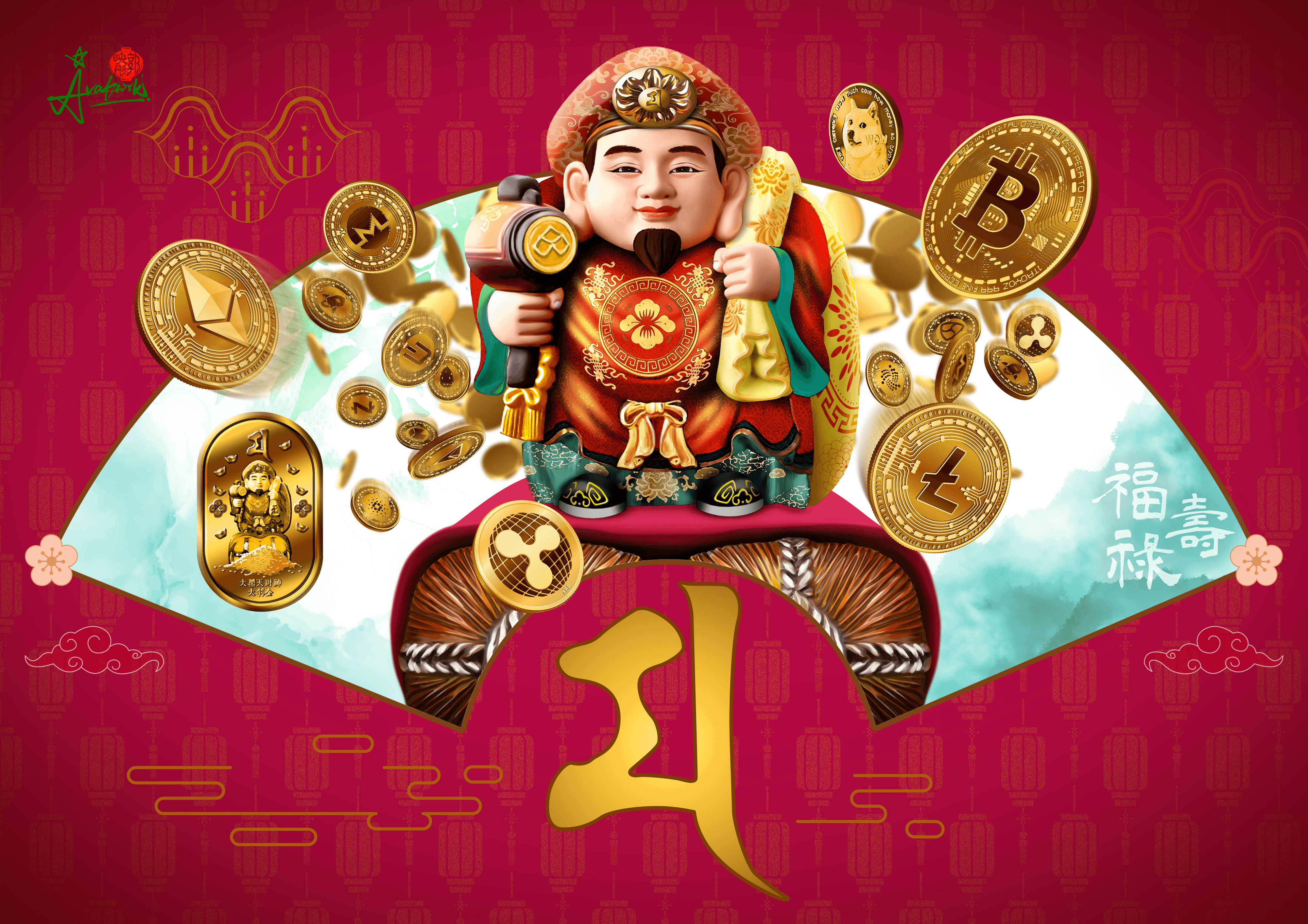 Chinese Fan Painting – Daikokuten, the God of Fortune Wealth Prosperity is sending virtual currencies