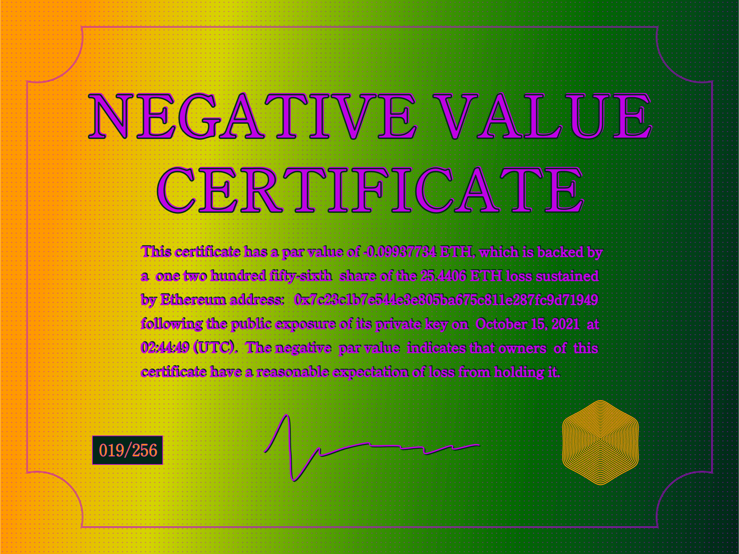 Negative Value Certificate #19 of 256