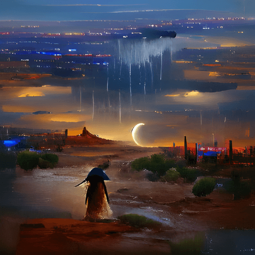 Midnight rain with a distant city at the horizon while a poet is lost in the desert