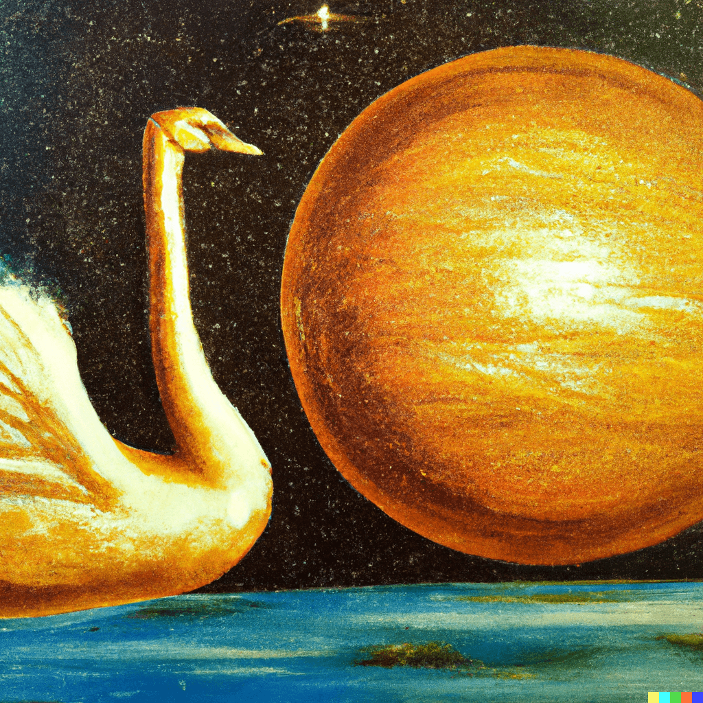 Oil painting of a golden swan on a distant planet.
