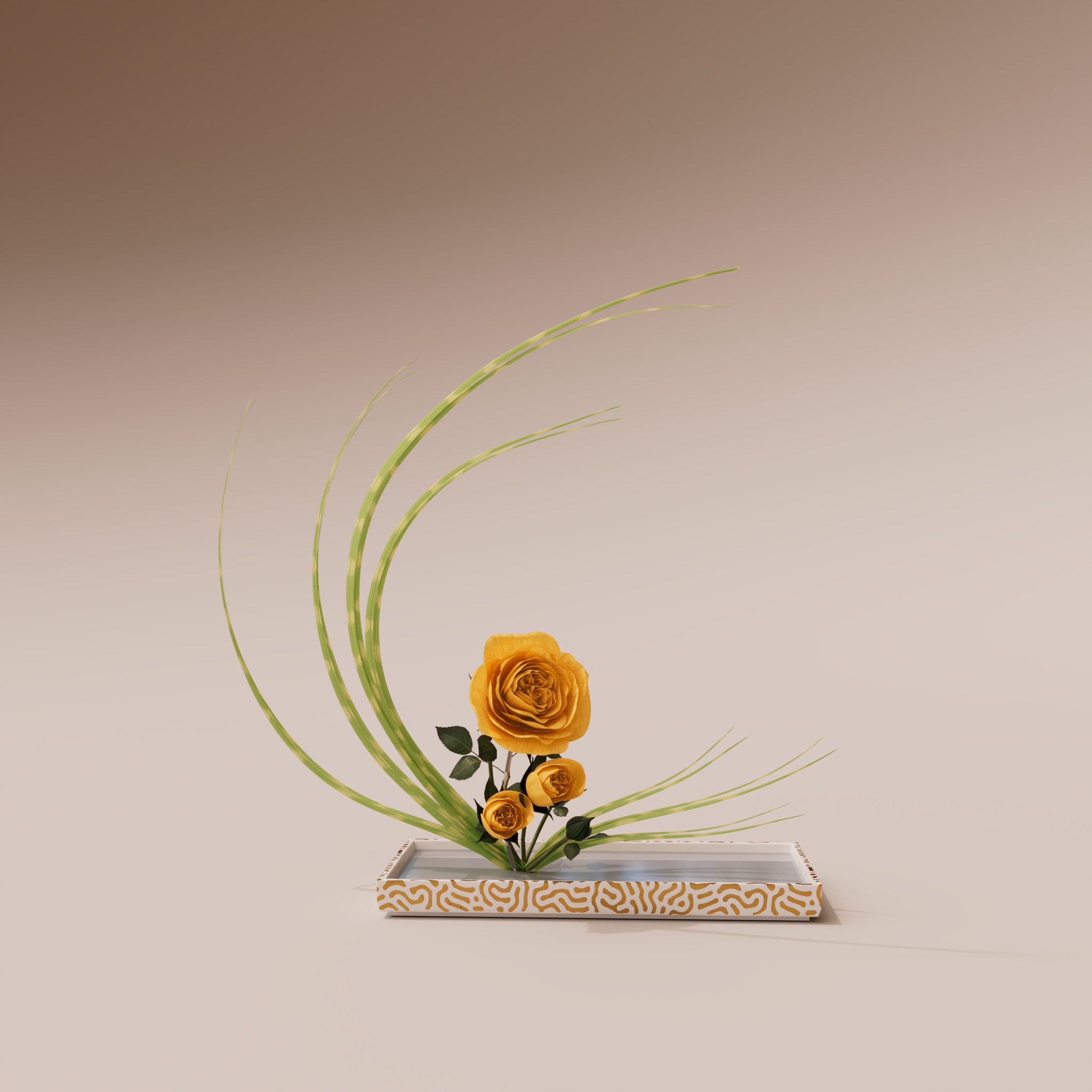 Yellow Rose And Light Green Barred Speargrass In Rectangular Suiban