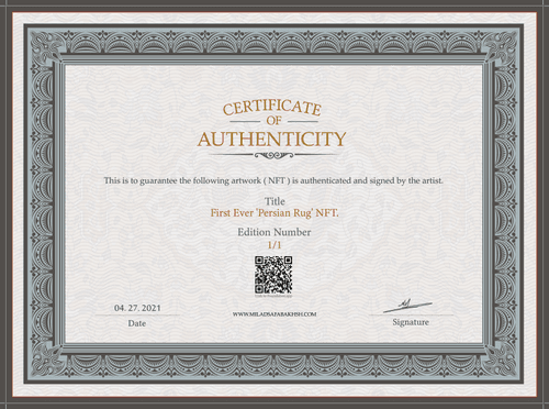 Certificate of authenticity ( Persian Rug I )