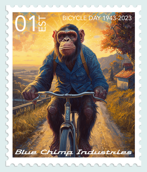 Blue Chimp Commemorative Bicycle Day Stamp by Glen Wexler