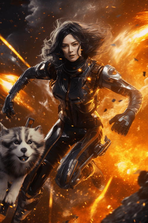 Spacebound Connections: Alita Battle Angel's Intimate Hug with Her Faithful Canine Companion