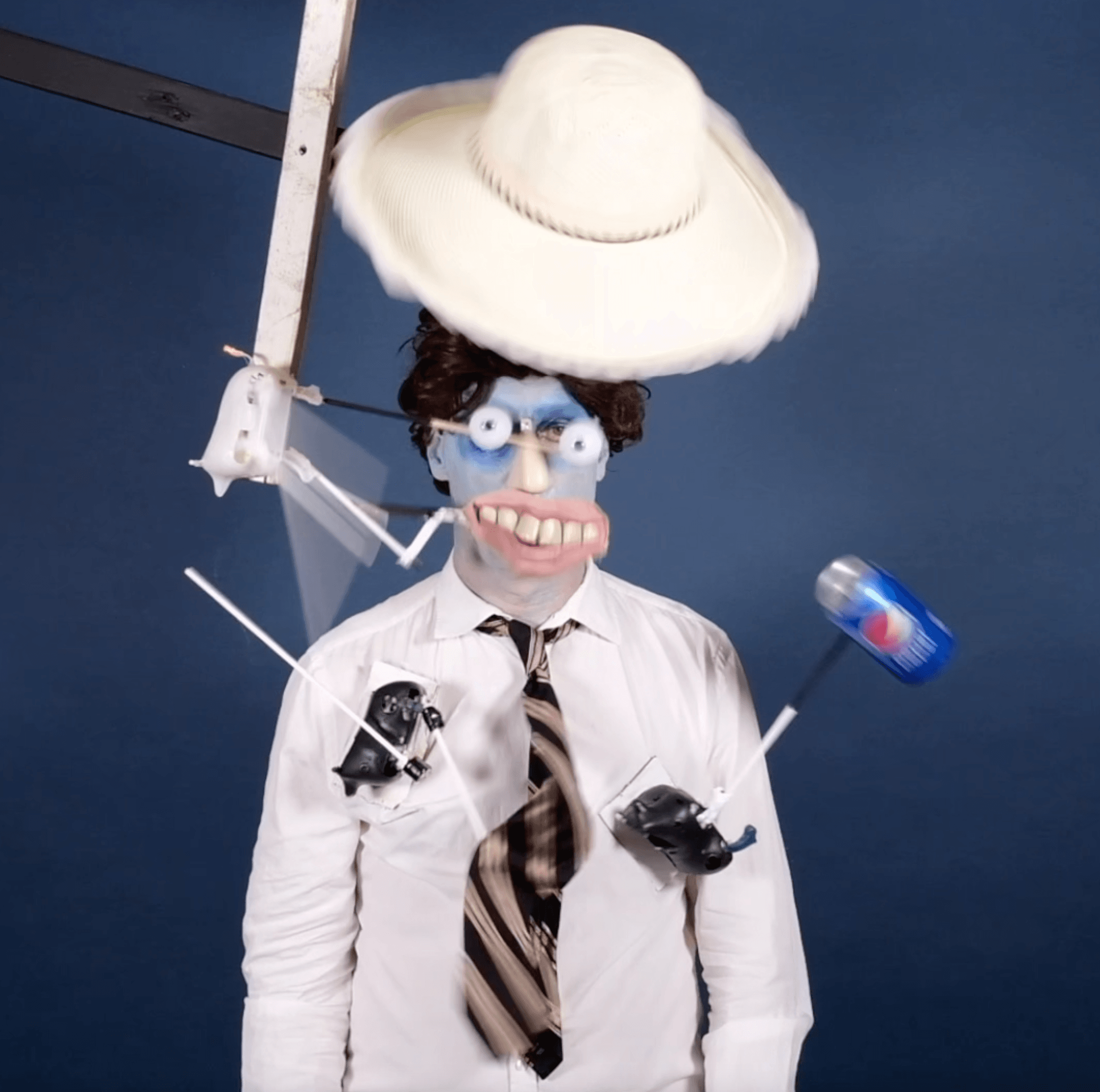 Nervous Man-Bot In White Hat With Pepsi