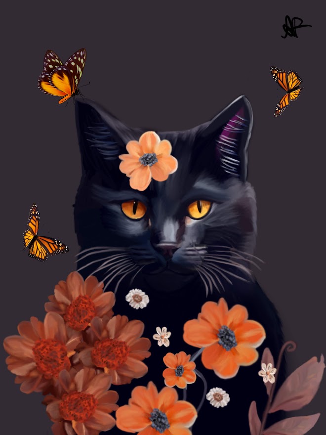 Black cat with butterflies and orange flowers