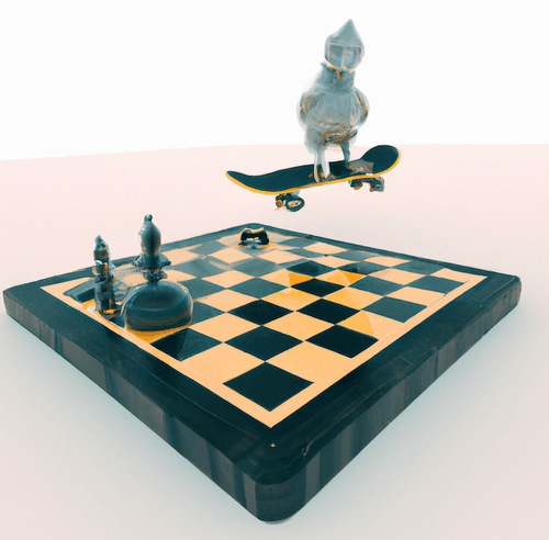 A skateboarding bird playing chess