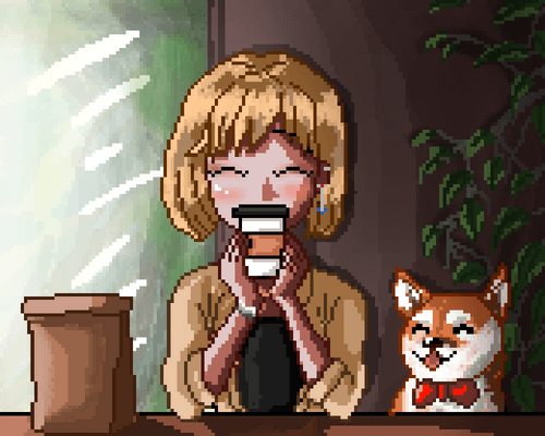 cafe scene in pixel art
