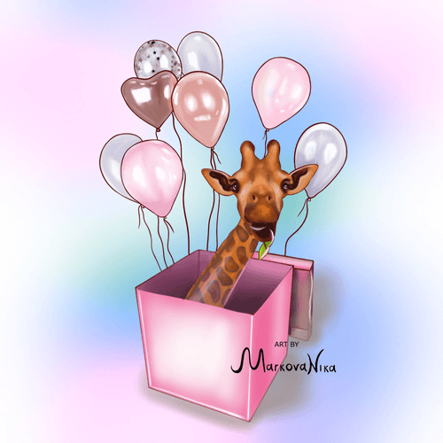 Giraffe in a box with balloons