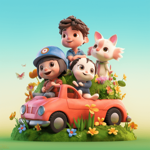 Pets on Wheels: A 3D Render of Love and Laughter Amidst Flora