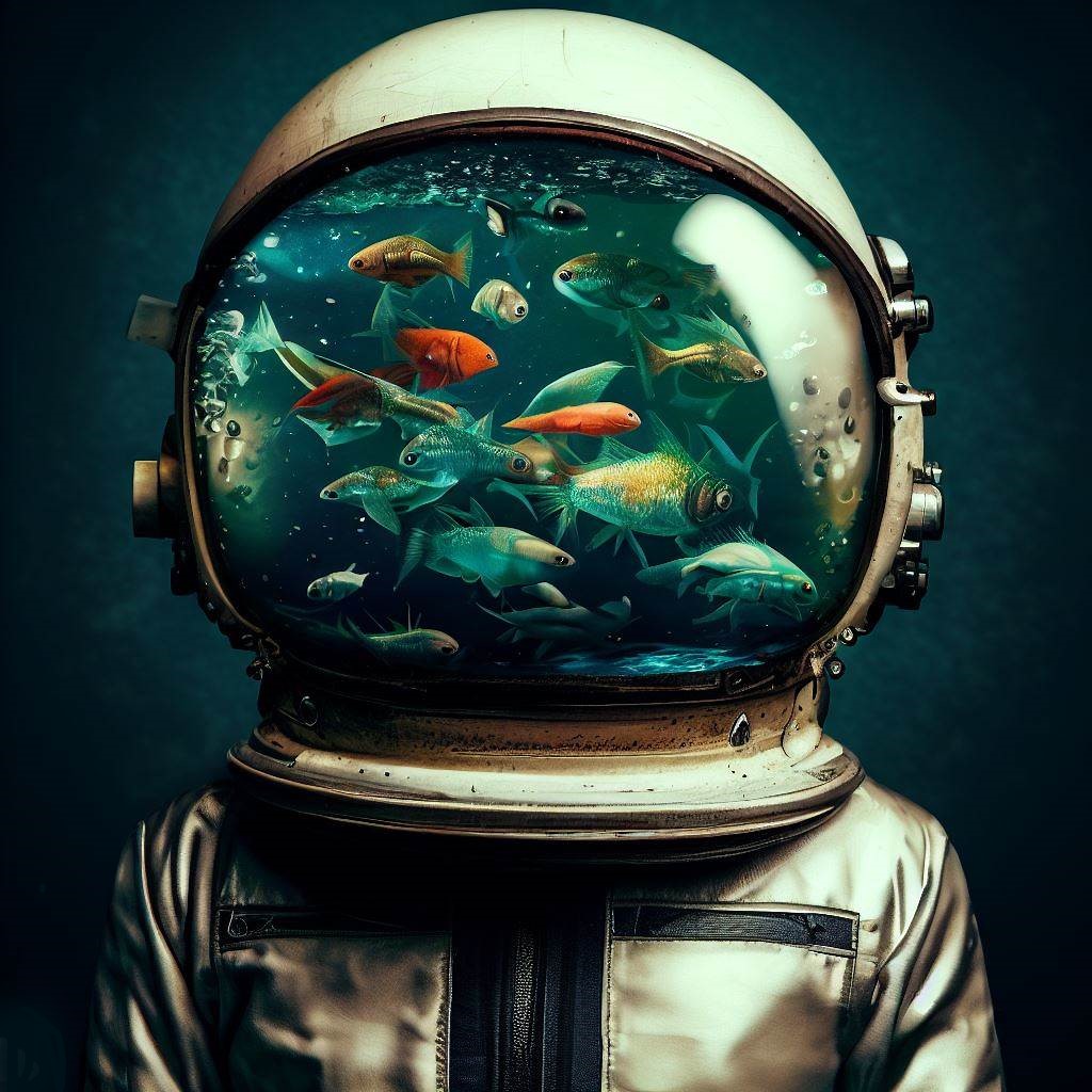Astronaut in a spacesuit with a flock of fish #007 - Yutnft99 ...