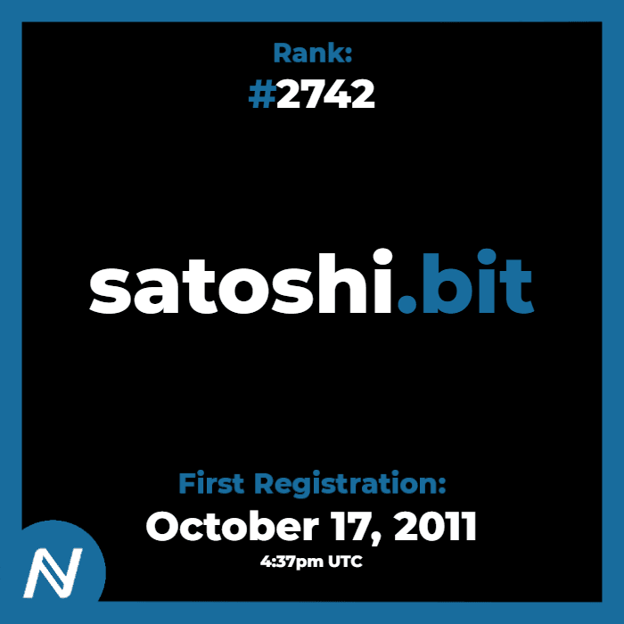 #2742 | d/satoshi | Oct. 17, 2011 | Namecoin .bit Domain