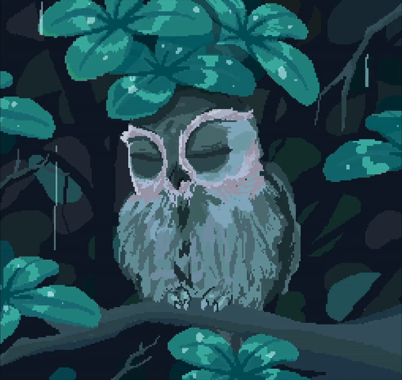 "Owlet in rain" pixel art animation 
